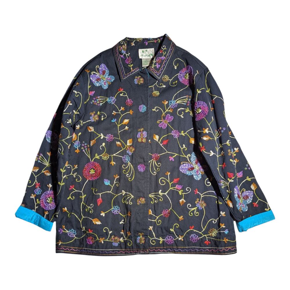 Vtg Y2K Quacker Factory Black Floral Butterfly Embroidered Bead Cotton Jacket M
